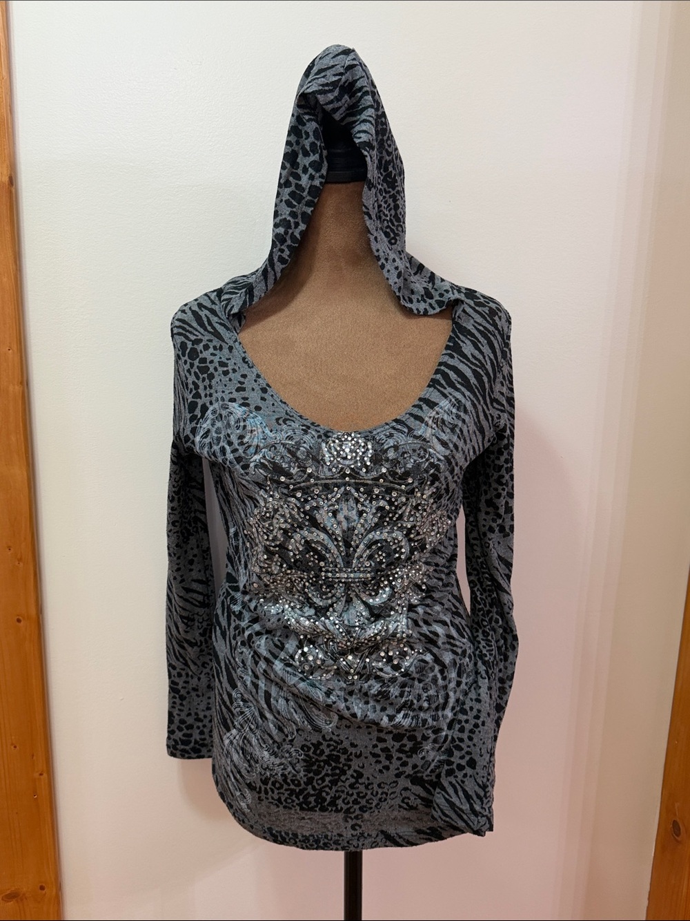 Los Angeles Hooded Animal Print Top with Rhinestones Embellished Front